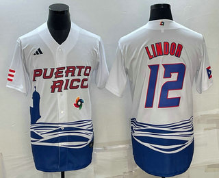 Men%27s Puerto Rico Baseball #23 Francisco Lindor White 2023 World Baseball Classic Stitched Jersey